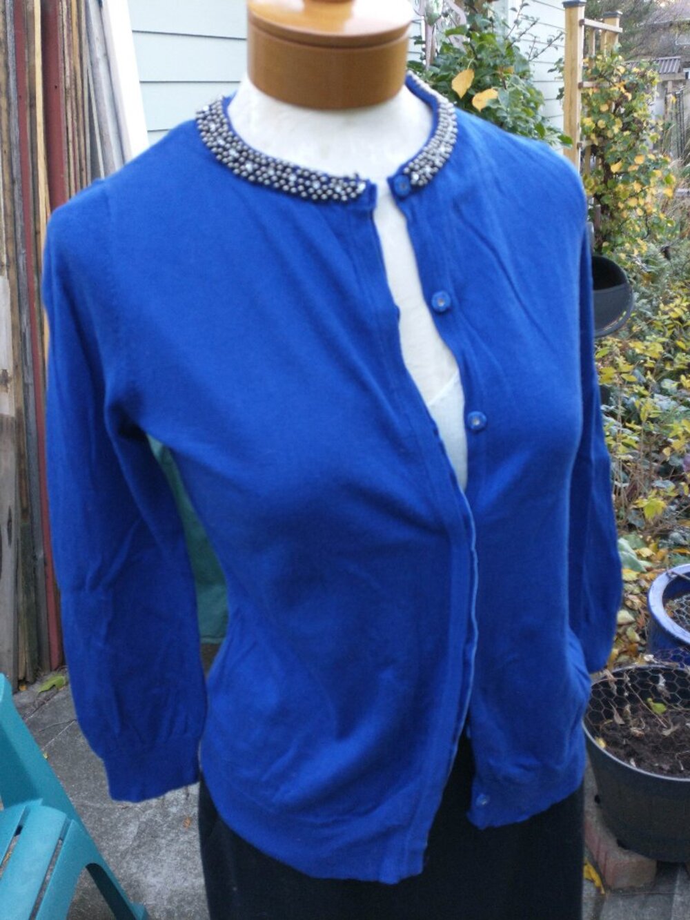Cardigan: Cotton/wool, royal blue, beaded collar. Size extra small - by Jones NY
